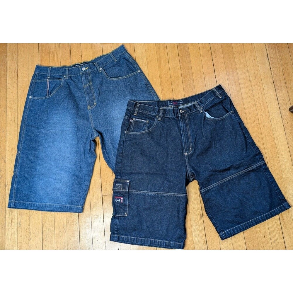 2 LOT Phat Farm Collection Mens 40 Denim Jean Shorts Cargo Wide Leg Y2K Baggy